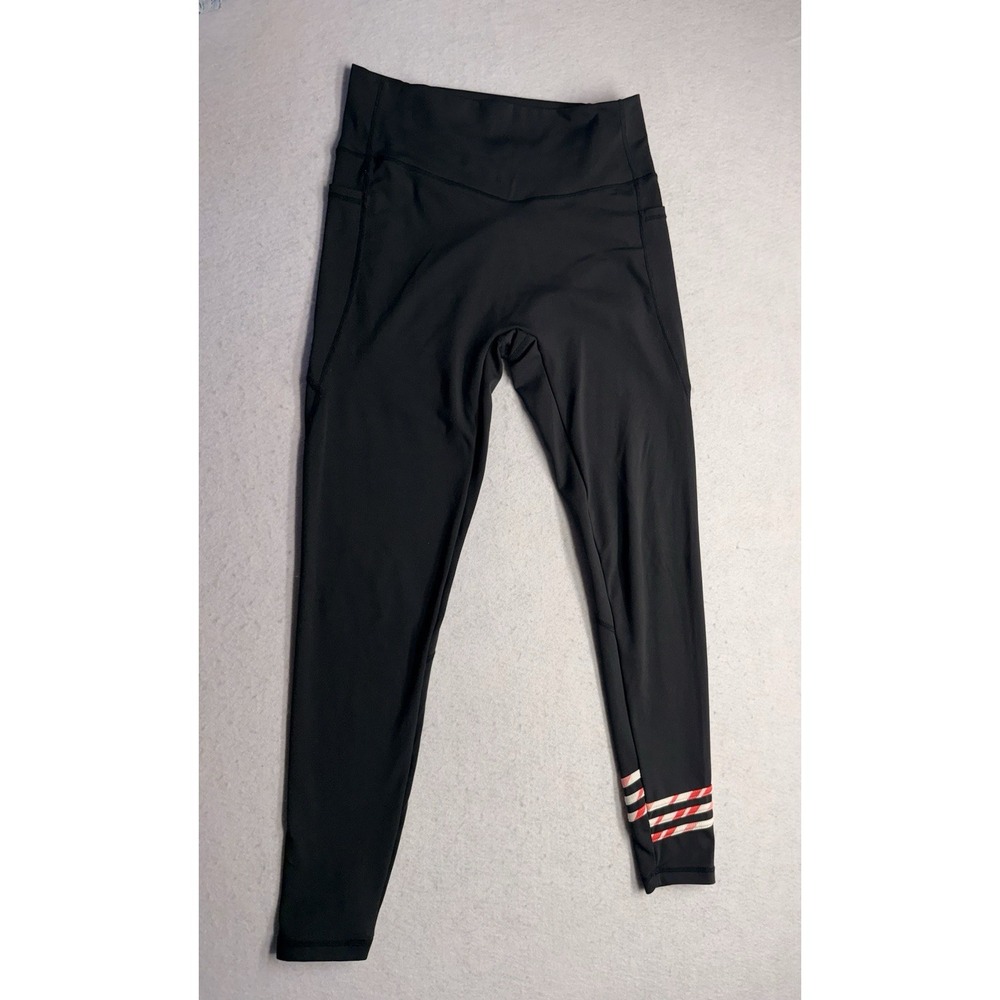 Flex It Pink Candy Cane Striped Black Leggings High Rise Pockets Women's Size M